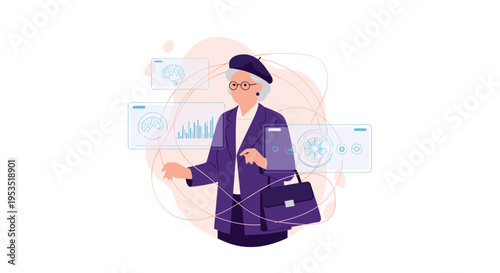 Senior female scientist or doctor in a purple suit interacting with a futuristic holographic interface displaying brain scans and medical data.