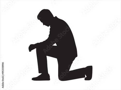 A man kneels on one knee in a contemplative pose, respect proposal prayer vector illustration