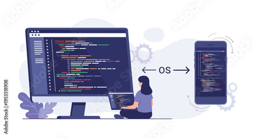 Female software engineer sitting on the floor while coding on a desktop monitor and a mobile phone to develop a cross-platform application.