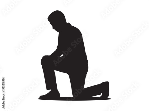 A man kneels on one knee in a contemplative pose, respect proposal prayer vector illustration