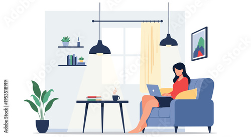 Productive woman working on her laptop while sitting in a comfortable armchair in a well-lit living room with plants and a cozy atmosphere.