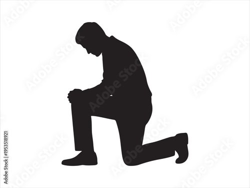A man kneels on one knee in a contemplative pose, respect proposal prayer vector illustration
