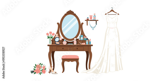 Elegant bridal preparation scene featuring a classic wooden vanity table with makeup, a wedding dress on a hanger, and floral bouquets.