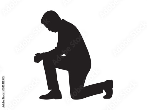 A man kneels on one knee in a contemplative pose, respect proposal prayer vector illustration