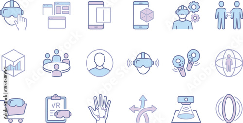 Collection of virtual reality icons showcasing immersive technology concepts and user interaction elements.