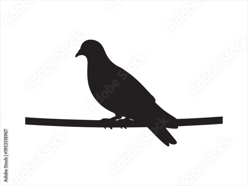 A black silhouette of a pigeon bird sitting on a branch, Silhouette of pigeon sitting on branch, bird nature vector illustration
