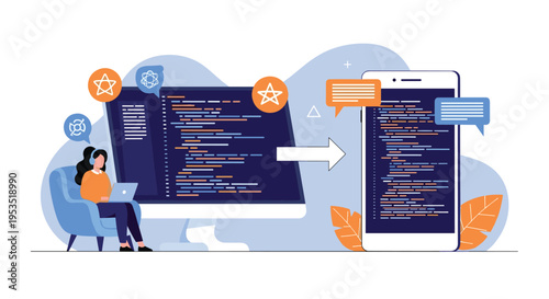 Professional female developer working on a laptop while sitting in a blue chair in front of a large screen displaying software code lines.