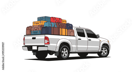 White pickup truck seen from behind with a large stack of diverse suitcases and travel bags piled high in the open bed for a road trip.