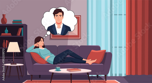 Young woman lying on a purple sofa and daydreaming about a handsome man in a suit shown in a thought bubble in her cozy living room.