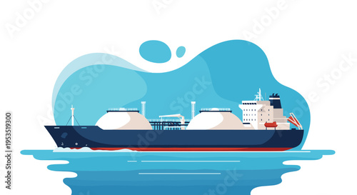 Large liquefied natural gas carrier ship with spherical tanks sailing on the blue ocean water against a stylized light blue background.