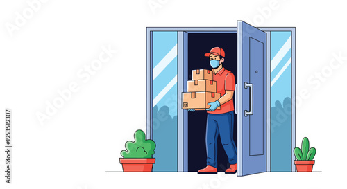 Delivery man wearing a face mask and gloves carrying a stack of cardboard boxes through an open door for a safe home delivery service.