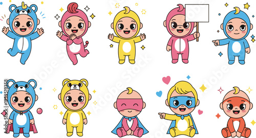 Cute Kids in Animal Costumes Collection with Children Wearing Bear Tiger Bunny and Superhero Outfits Cartoon Vector Illustration Style.