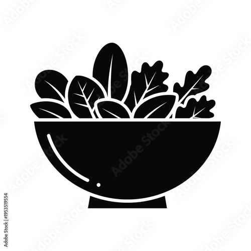 Salad Bowl Icon: Fresh Green Leaves in a Black Bowl