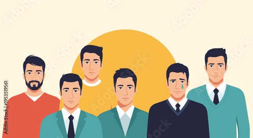 Group of men with various sad, worried, and unhappy facial expressions standing together against a large yellow circle on a light background.