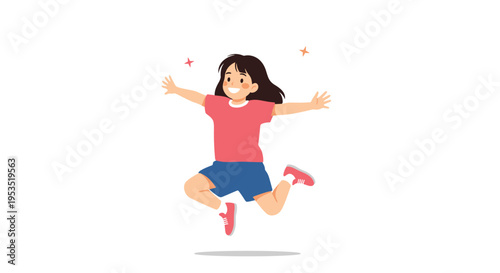 Cheerful little girl with brown hair jumping high in the air with arms outstretched and a joyful expression on a plain white background.