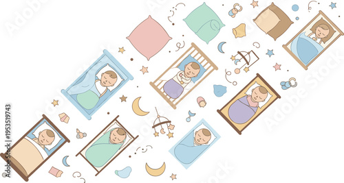 Sleeping Baby in Crib Collection with Newborn Infants Resting in Bed with Night Elements and Nursery Items Cartoon Vector Illustration Style.