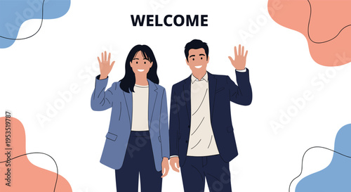 Diverse business colleagues waving and smiling happily against a white background with colorful abstract shapes and welcome text.