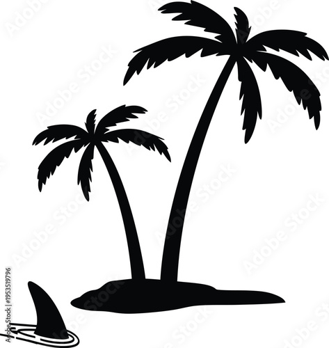 Tropical island silhouette vector illustration with palm trees water and shark fin symbolizing isolation and danger