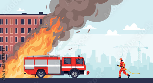 Red fire truck arrives at a burning apartment building with massive smoke clouds and flames while a firefighter runs with a hose.