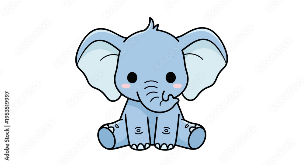 Fototapeta premium Cute baby elephant sitting with oversized ears in a simple cartoon.