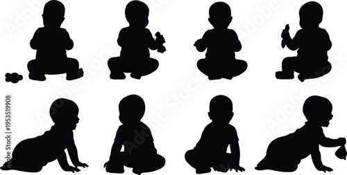 Set of high-quality silhouettes featuring small babies and toddlers sitting, crawling, and playing with toys isolated on white background for creative childhood and parenting designs.