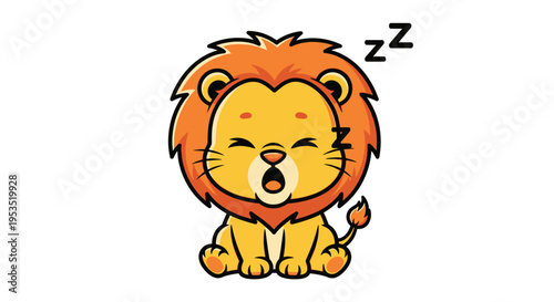 Sleepy cartoon lion cub yawns widely while resting peacefully with 'Zz'.