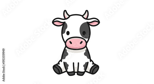 Cute baby cow with black and white spots sitting calmly against a white.