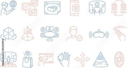 Collection of line icons depicting virtual reality, augmented reality, and immersive technology concepts clearly.