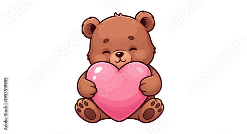 Charming brown teddy bear gently hugs a large glossy pink heart object.