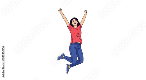 Joyful young woman with long dark hair jumping high in the air with arms raised in a celebration of success and happiness.