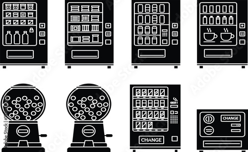 Vending machine and gumball dispenser icon collection in silhouette style, snack drink coffee vending machines and candy dispensers vector set for retail automation concept