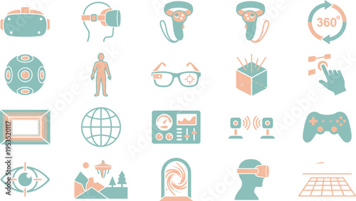 A comprehensive collection of virtual reality, augmented reality, and metaverse technology icons and symbols.