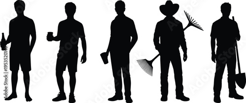 Black Silhouettes of Men Holding Beer Bottles Cans Rake and Shovel Representing Diverse Male Lifestyles From Casual Leisure Socializing to Outdoor Yard Work Gardening