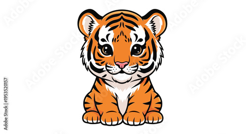 Charming baby tiger sits upright with wide bright eyes staring ahead.