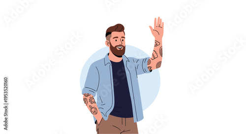 Friendly man with tattoos on his arms waving his hand and smiling warmly while standing against a simple blue circle background.