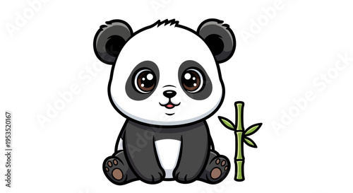 Chibi giant panda sits happily next to a stalk of green bamboo.