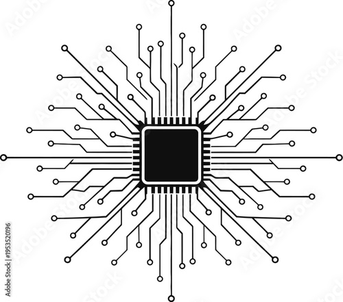 Adobe IllustratMicrochip circuit vector illustration with black square chip and symmetrical electrical connections representing digital technologyor Artwork