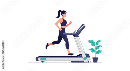 Active young woman in fitness gear running on a treadmill in a bright room with a potted plant representing a healthy lifestyle.
