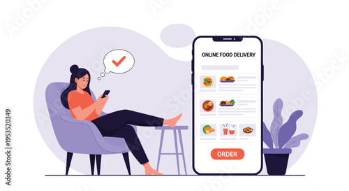 Woman relaxing in a purple armchair and using a smartphone app to order food from a digital menu displayed on a giant screen.