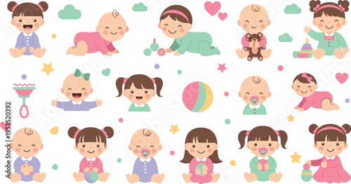 Cute Baby Girls and Toddlers Collection with Newborn Infants Sitting Crawling Playing and Holding Toys in Cartoon Vector Illustration Style.