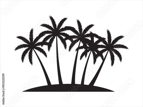 Tropical coconut, palm tree silhouette, Silhouette of palm trees on island, Tropical nature vector illustration