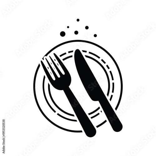 Simple Black and White Icon of a Plate, Fork and Knife with Bubbles
