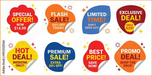 Colorful peeling sticker blobs for retail flash sale and promo deal vector illustrations