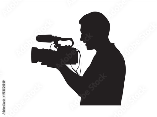 A professional cameraman silhouette carrying broadcast video camera Media Production Vector Illustration