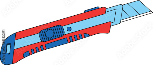 Stylized illustration of red and blue utility knife with retractable segmented blade, designed for cutting cardboard, packaging, crafting, and construction materials efficiently.