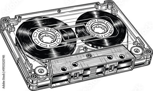 Vintage Compact Audio Cassette Tape Illustration Isolated on White Background Detailed Line Art Sketch for Nostalgic Music Projects Retro 80s 90s Analog Media Design