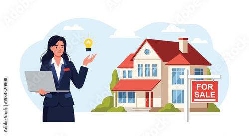 Professional female real estate agent holding a laptop and standing in front of a beautiful suburban house with a for sale sign.