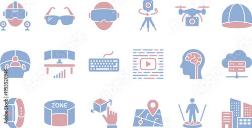 Collection of abstract icons representing modern virtual reality technology and digital infrastructure components