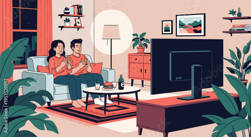 Young couple enjoying leisure time together while eating fast food burgers and watching movie on big screen television at home.