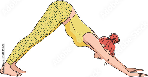 Woman practicing downward-facing dog yoga pose in yellow dotted outfit, demonstrating flexibility, strength, and proper posture for fitness, wellness, stretching, and mindful exercise technique.